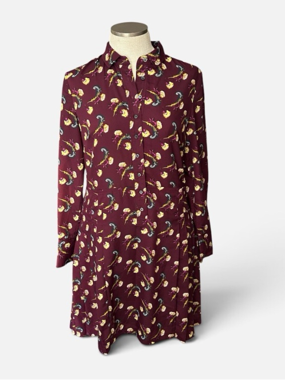 Banana Republic Floral Shirtdress 10 Burgundy Fit Flare Work Fall Button Front